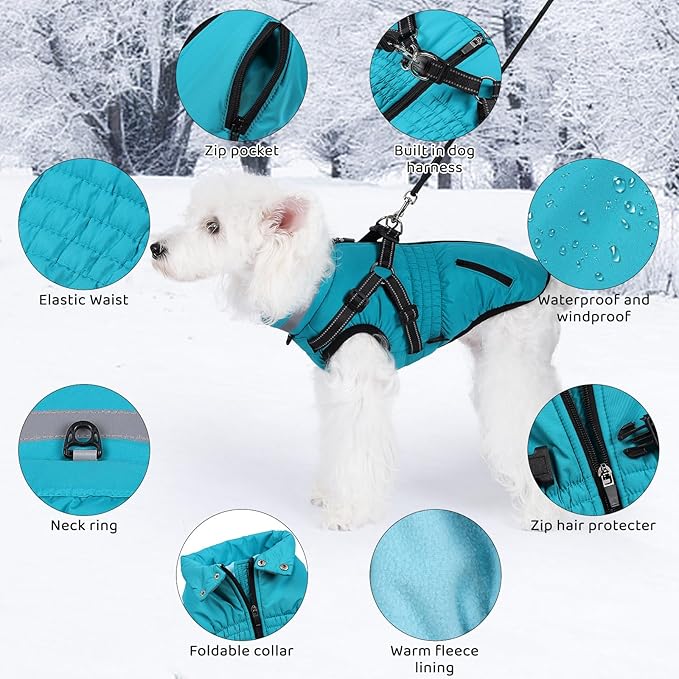 Gyuzh Dog Coat with Harness,Dog Coats for Small Dogs,Warm Fleece Winter Puppy Jacket,Waterproof Jacket with Harness Built in for Small Medium Large Dogs
