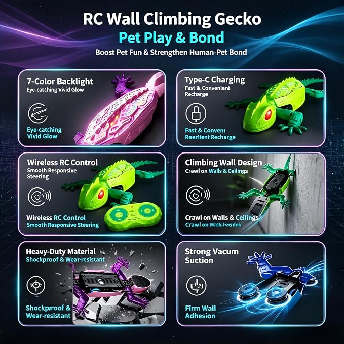 Remote Control Lizard Cat Toy,Remote Control Rechargeable Wall Climbing Gecko Toy, Wall Crawling Lizard Interactive Pet Play Accessory, Fun Prank Entertainment Toy for Cats and Dogs (Pink)