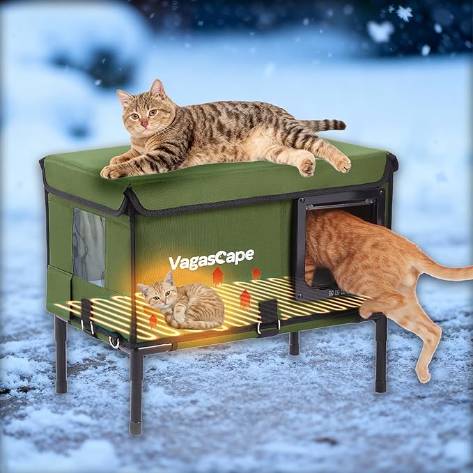 Vagascape Heated Cat House for Outdoor in Winter, Insulated Weatherproof Cat Shelter with Heating Pad and Safe Escape Door, Waterproof Warm Home for Outside Barn Feral Stray Cat（Green）