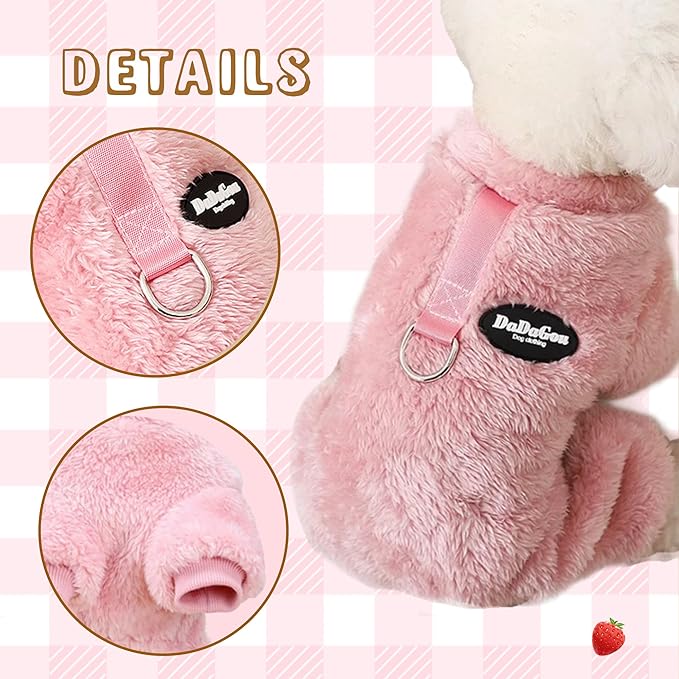 Fleece Small Dog Sweater Jumpsuit with Pull Ring | Stretchy 4-Leg Warm Onesie | Winter Clothes for Dogs and Cats (Pink, Large)