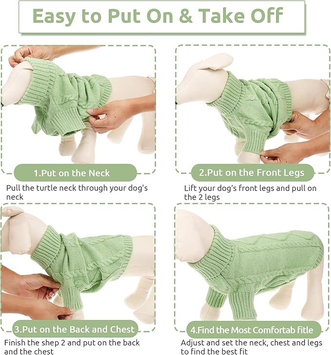 Queenmore Small Dog Pullover Sweater, Cold Weather Cable Knitwear, Classic Turtleneck Thick Warm Clothes for Chihuahua, Bulldog, Dachshund, Pug, Yorkie (Green, X-Large)