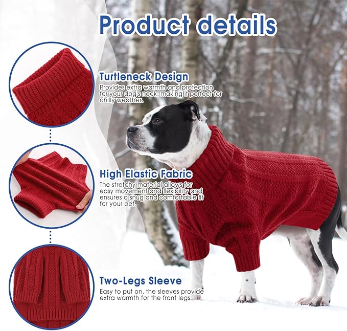 Queenmore Large Dog Sweater - Turtleneck Pullover for Large Dogs, Xmas & Thanksgiving - Knitted Dog Sweater for French Bulldog (Red, L)