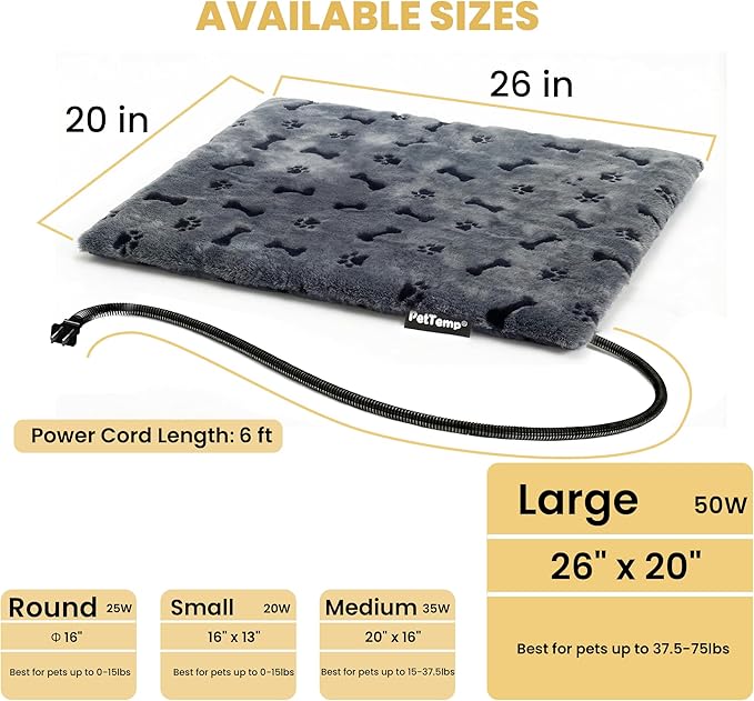 PetTemp Pet Heating Pad for Cats Dogs Indoor & Sheltered Outdoor Waterproof Heated Cat Bed Heated Dog Bed Chew Resistant Cord Constant Temperature Gray Paw Print 26 x 20 Inch