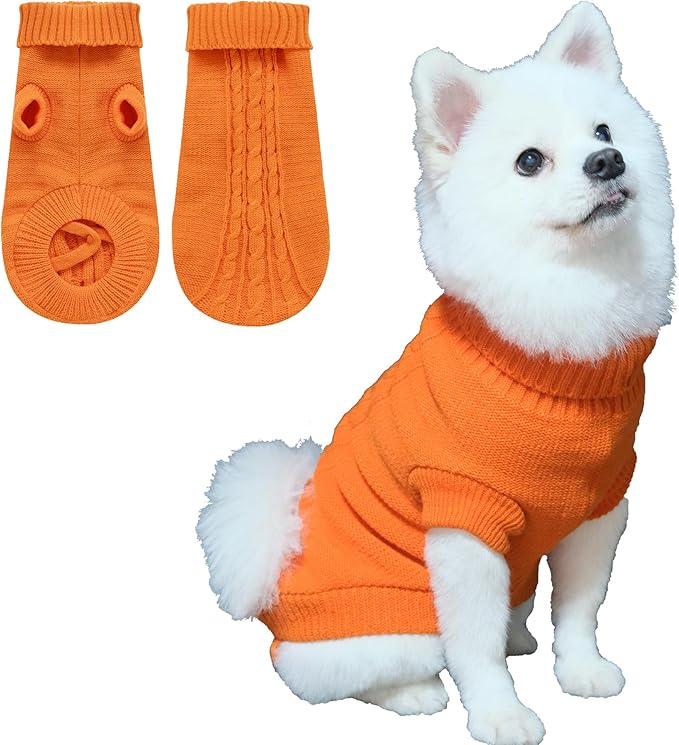 Knitted Dog Sweater for Small Dogs, Pullover Turtleneck Pet Sweaters, Winter Dog Clothes, Warm Soft Winter Holiday Cat Sweater, Orange, M