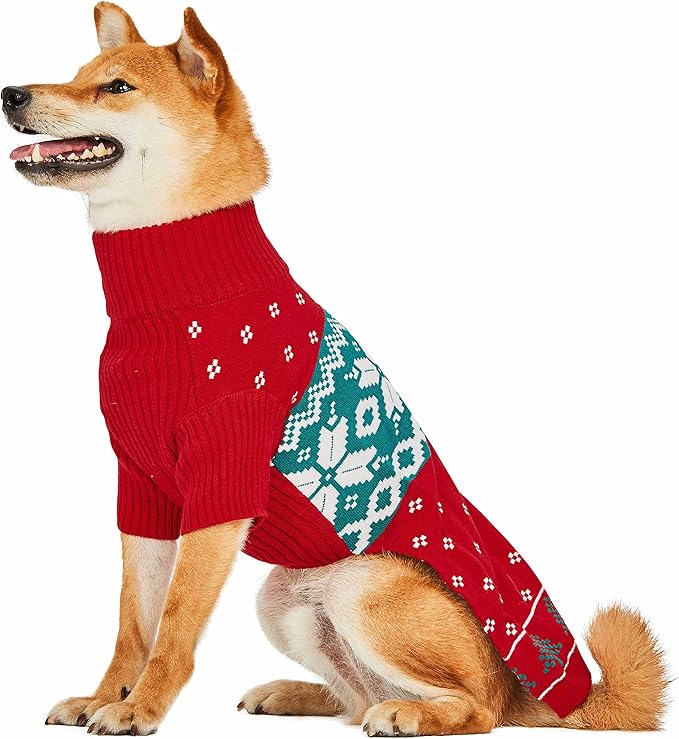 Blueberry Pet Christmas Tree and Snowflake Dog Sweater in Festive Red, Back Length 18", Pack of 1 Clothes for Dogs