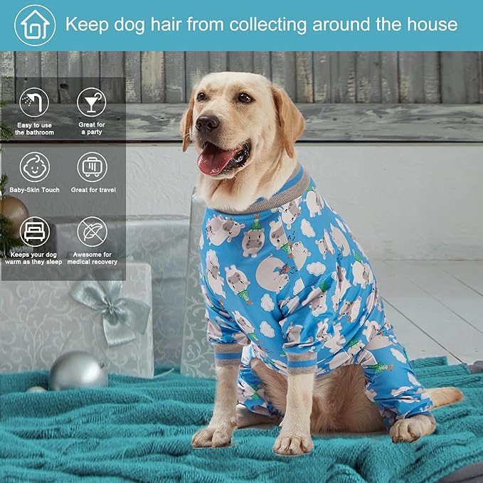 LovinPet Pitbull Pjs for Large Dogs/Cozy Dog Pajamas, Slim Fit, Lightweight Pullover/Full Coverage Dog Pjs/Happy Hippo Blue Print/Large Husky Pajamas /3XL