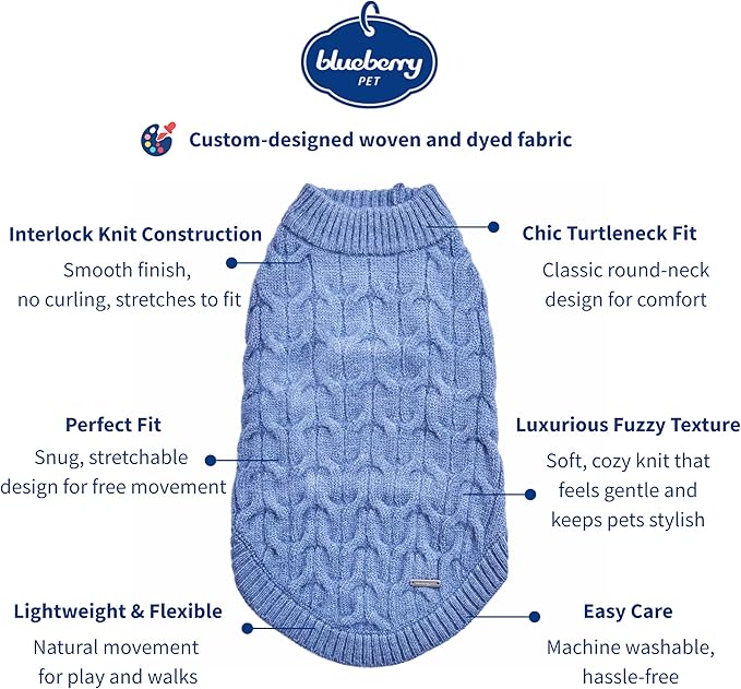 Blueberry Pet Classic Fuzzy Textured Knit Pullover Crew-Neck Dog Sweater in Heather Blue, Back Length 20", Pack of 1 Clothes for Dogs