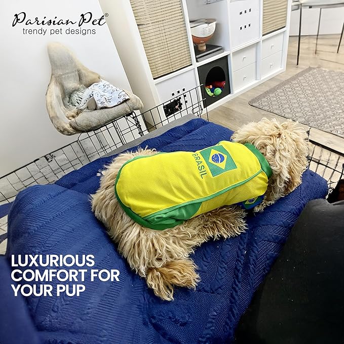 Parisian Pet Dog Jersey – Embroidered Brasil Mesh Fabric Soccer & Sportswear – Lightweight Football Olympic Pet Clothes for Large Dogs - L