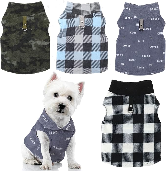 4 Pieces Winter Fabric Dog Sweater with Leash Ring Soft Fleece Vest Dog Clothes Plaid Camouflage Warm Puppy Jacket Pullover Clothes for Small Cat Puppy Chihuahua(XXX-Large)