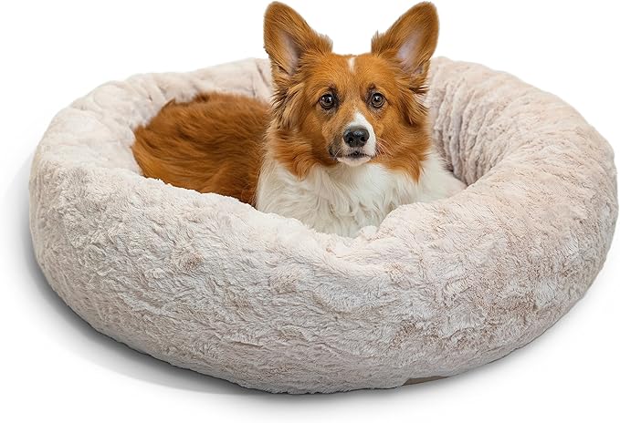 Best Friends by Sheri The Original Calming Donut Dog Bed – Washable Plush Pet Bed for Medium Breeds up to 45 lbs, Lux Faux Fur, Oyster, Medium (30" x 30")