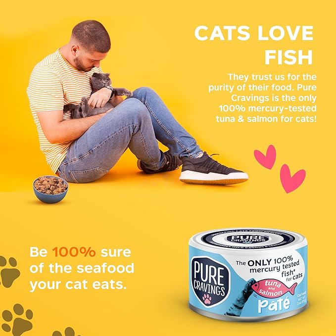 Pure Cravings Tuna and Salmon Pate, Canned Wet Cat Food, 100% Mercury-Tested, Moist Can Fish, Grain-Free Protein, Non-GMO, 12 Pack