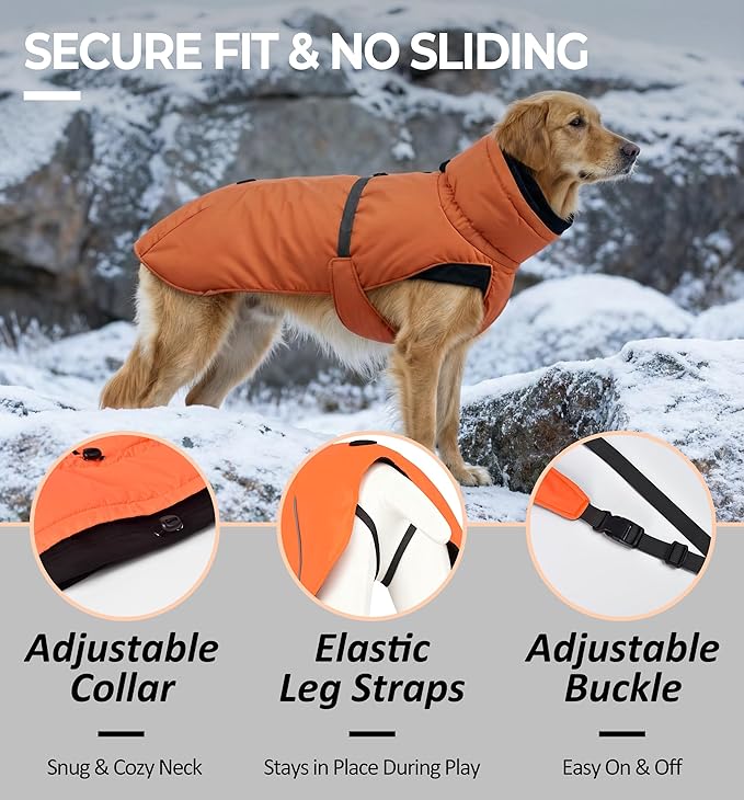 Ultra-Warm Dog Winter Coat for Hiking & Running, Adjustable Puffer Jacket with Anti-Slip Leg Straps, Water-Repellent Shell & Breathable Mesh Lining for Active Dogs (Aurantium, Medium)