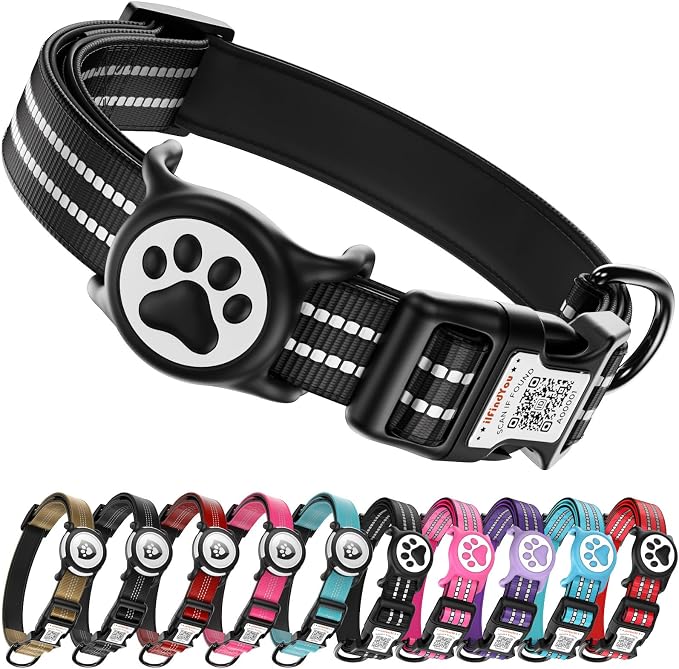 Waterproof AirTag Dog Collar with QR Code Dog Tag, Black02 M | IP68 waterproof, QR code dog tag, Anti-Lost, Online profile, fits XS-L (8"-26"), Padded nylon, Reflective, No App, No Fees