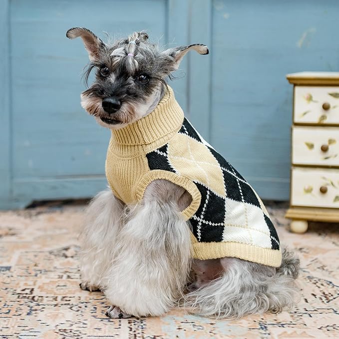 KOOLTAIL Small Dog Sweater, Knit Turtleneck Cold Weather Dog Sweaters for Medium Large Dogs, Soft Diamond Plaid Pullover Knitwear Dog Winter Warm Clothes, Pet Coat Puppy Sweater for Girls Boys M
