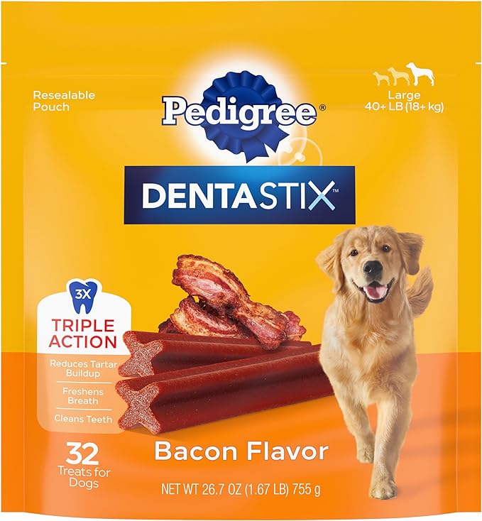 Pedigree Dentastix Large Breed Dog Treats, Bacon Flavor, 1.67 lb. Bag (32 Treats)