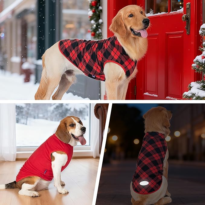 cyeollo 2 Pack Large Dog Sweater, Fleece Vest Pullover Sweatshirt Reflective Lightweight Christmas Pet Clothes for Large Dogs Dog Winter Coat Boy & Girl Pet Apparel, Red & Buffalo Plaid XXXL