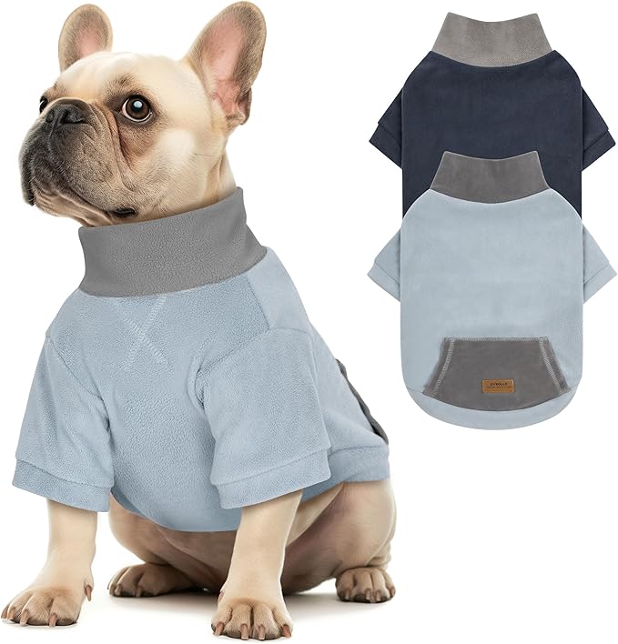 cyeollo 2 Pack Fleece Dog Sweater, Warm Turtleneck Winter Sweater for Medium Dogs Boy Girl Soft Stretchy Doggie Sweatshirt Pet Dog Clothes with Sleeves, Navy & Light Blue XL