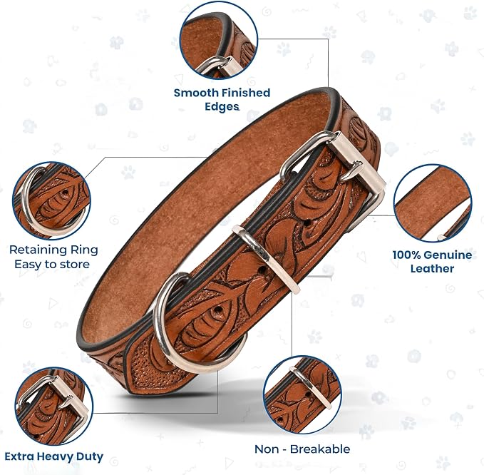 TARICO Adjustable Leather Dog Collar for All Breeds, Heavy Duty Non Padded Pet Collar with Engraved Design Durable Metal Buckle - Tan (Large: Fits 17–21" Necks)