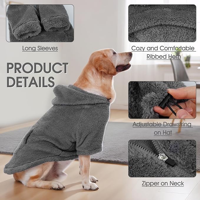 IDOMIK Fuzzy Dog Sweater with Adjustable Hood, Warm Fleece Dog Sweater Hoodie with Harness Hole & Pocket, Pullover Sweaters for Small Dogs, Fuzzy Hooded Sweatshirt for Fall Winter Christmas,Grey,XS
