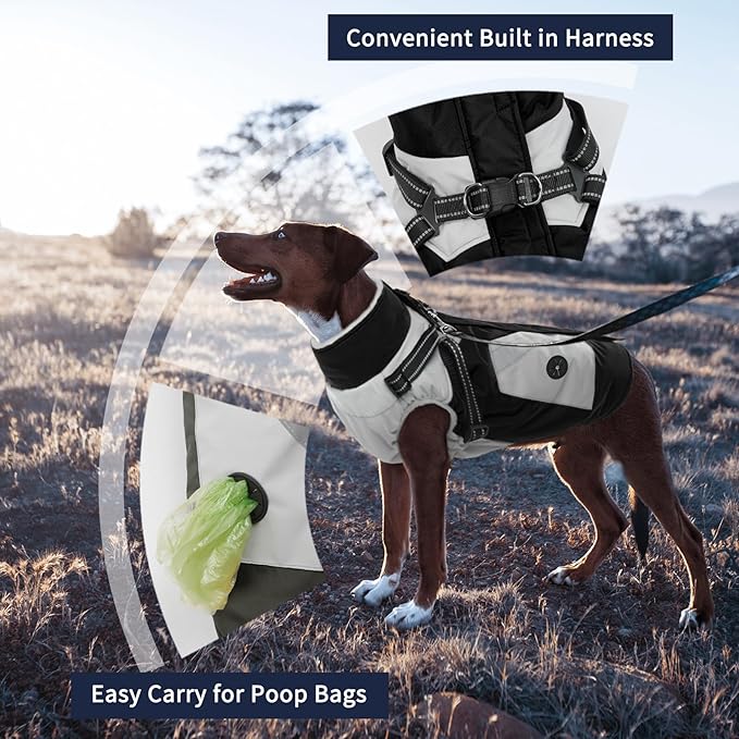 IECOii Dog Winter Coat Waterproof - Black, Medium - Dog Coat with Harness Built in for Medium Dogs, Thermal Warm Fleece Lined with Zip Up Cold Weather Jacket, Reflective Snowsuit for Outdoor Hiking