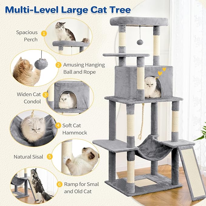 ABCPET Cat Tree Tower 63in Multi-Level Cat Tower for Indoor Cats with Sisal Scratching Posts, Condo, Hammock, Dangling Ball and Extended Platform for Cats to Play, Light Grey