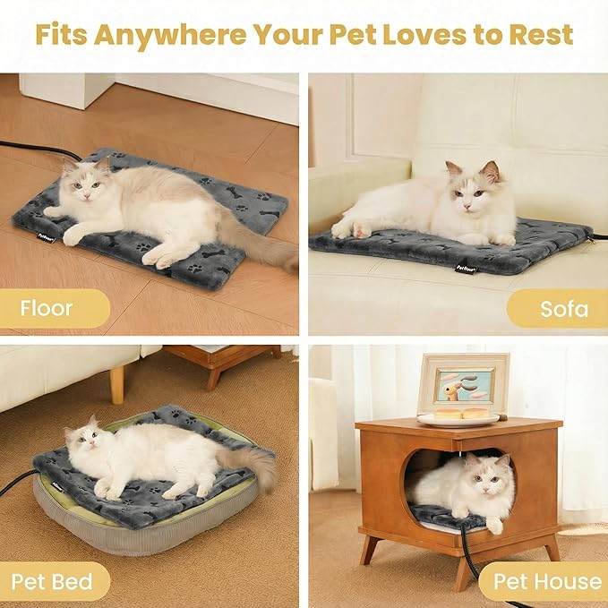 PetTemp Pet Heating Pad for Cats Dogs Indoor & Sheltered Outdoor Waterproof Heated Cat Bed Heated Dog Bed Chew Resistant Cord Constant Temperature Gray Paw Print 16 x 13 Inch