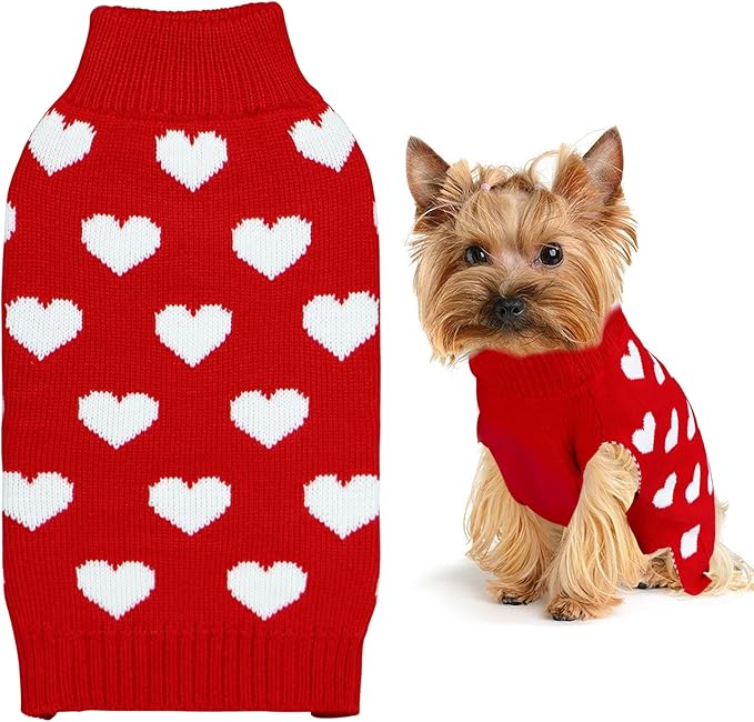 Valentine Dog Sweater Dog Valentines Clothes Outfit Knitted Dog Heart Sweater for Small Medium Large Dogs Pets (Red, Small)