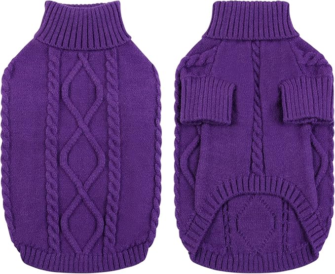Queenmore Small Dog Pullover Sweater, Cold Weather Cable Knitwear, Classic Turtleneck Thick Warm Clothes for Chihuahua, Bulldog, Dachshund, Pug (Purple, X-Small)