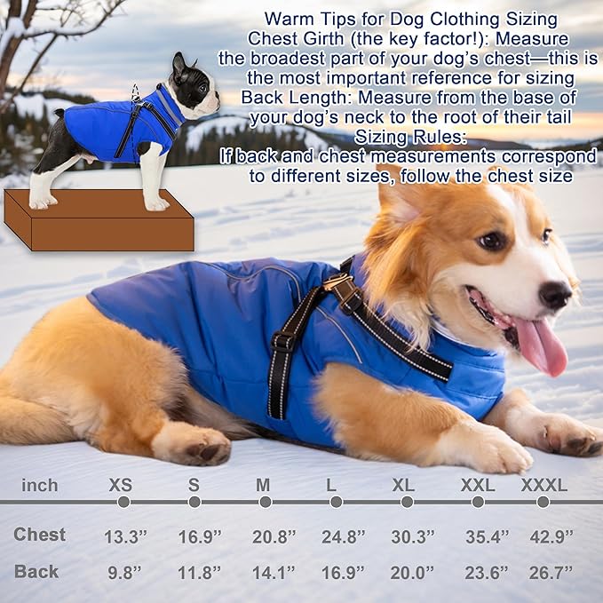Fragralley Dog Coat with Harness Built in, Waterproof Windproof Reflective Warm Puffer Jacket, Fleece Lined Vest Winter Parka for Small, Medium, Large Dogs