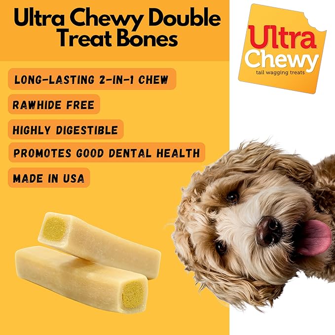 Ultra Chewy Double Treat Bones Favorites, Dog Treats, Made in The USA, Healthy Treats, Easy to Digest, Promotes Dental Health (Assorted Flavors, 1 Pack/9 Bones Per Pack)