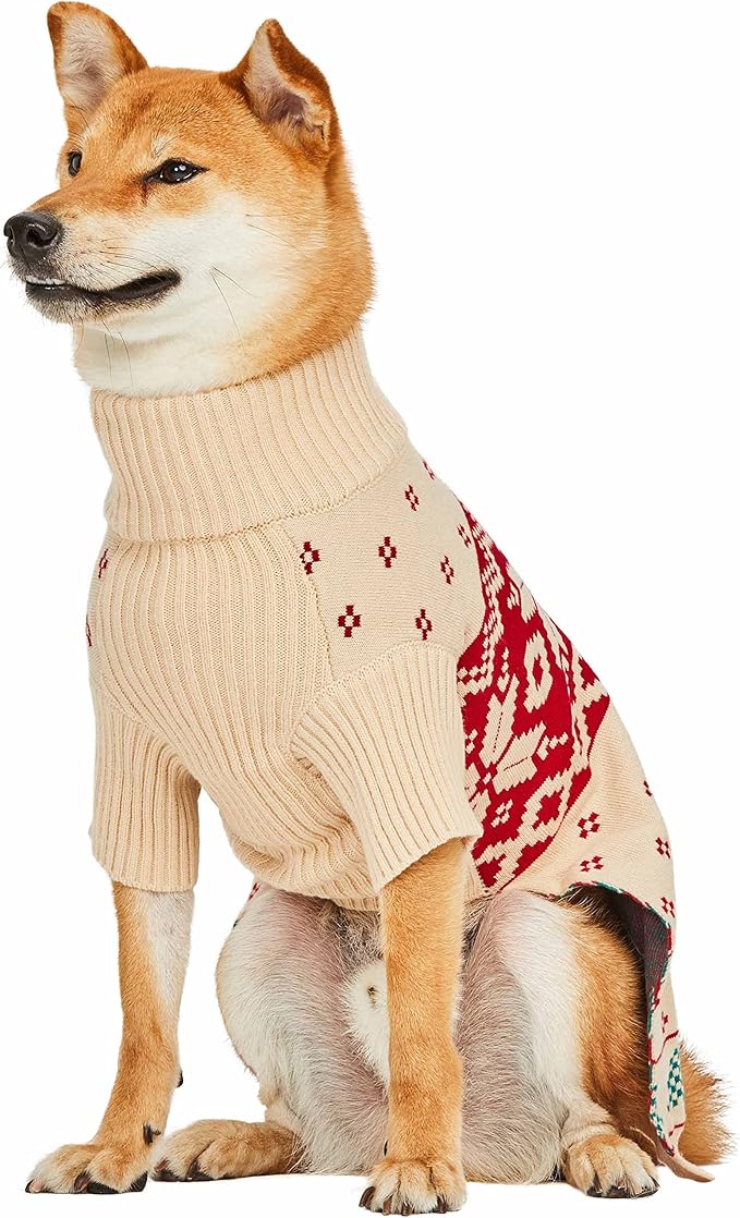 Blueberry Pet Christmas Tree and Snowflake Dog Sweater in Light Beige, Back Length 14", Pack of 1 Clothes for Dogs
