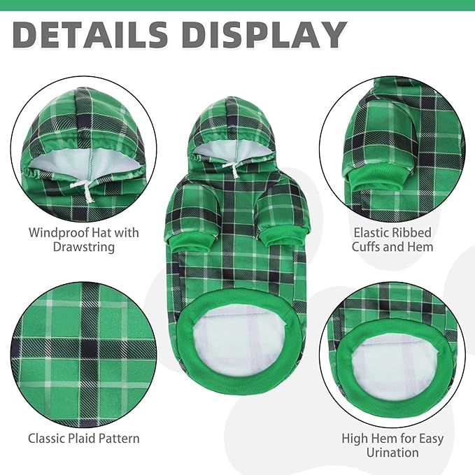 KOOLTAIL Plaid Dog Hoodie for Small Medium Large Dogs - Pet Clothes Sweater with Hat and Pocket for Cold Weather Winter, Warm Soft Dog Hooded Sweatshirt Coat Outfit for Puppy Cats Girls Boys Green S