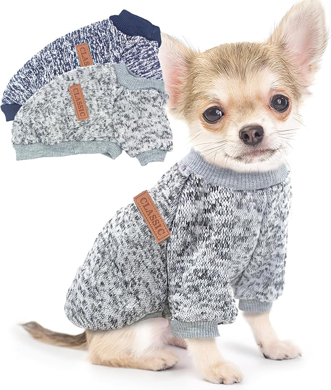 2 Pieces Dog Sweaters for Small Dogs Fall Dog Clothes Male Winter Fleece Dog Sweaters Warm Thick Pet Coat Outfit Small Dog Sweater for Boy Girl Dogs, Chihuahua, Pug, Bulldog, Pug, L, Grey Navy