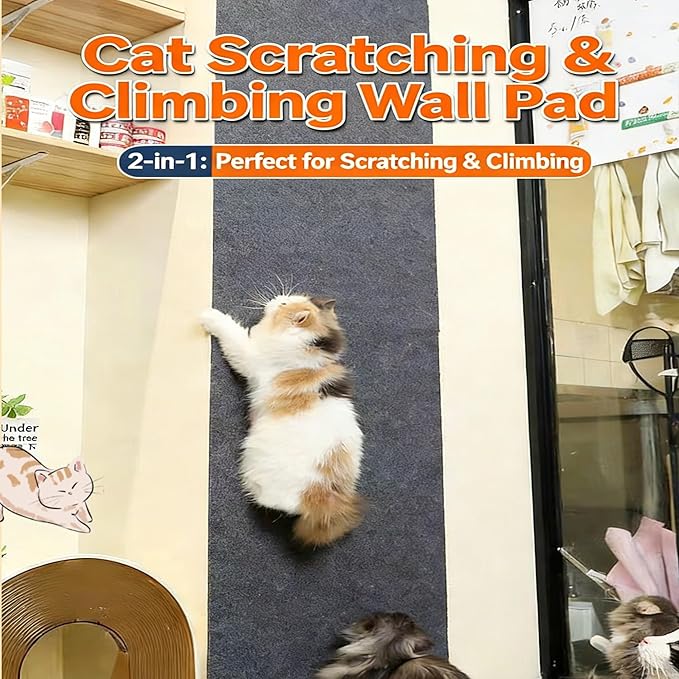 Cat -12"x39"Self-Adhesive Cat Scratching Carpet, Heavy-Duty Nail-Free Wall-Mounted Cat Activity Mat for Indoor Cats, Durable Pet Furniture for Kittens & Adult Cats （Brown）
