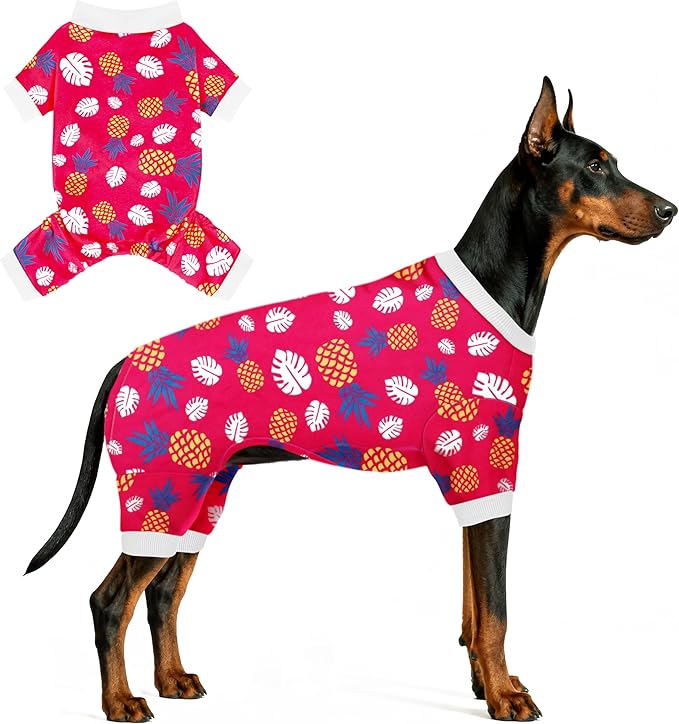 Paiaite 4-Legged Cotton Stretchable Jumpsuit Pjs: Pineapple Pattern Dog Pajamas - Lightweight Cozy Puppy Onesie Clothes, Comfortable Pet Sleepwear Jammies for Hair Shedding Coverage White Edge M