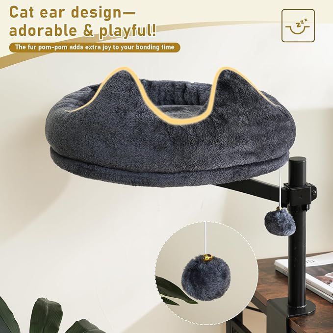 AurnaGle Cat Desk Bed, 360° Rotating & Adjustable & Lock Cats Bed for Desk, Grey Soft with Long Plush Fabric Mat, Modern Indoor Cat Nest Furniture for Office Desks and Game Tables, Island Table