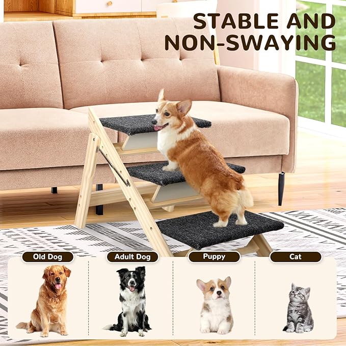 Foldable Dog Stair 2-in-1 with 3 Steps, New Zealand Pine Frame and Non-Slip Carpet Suitable for High Beds, Car,Couch, Durable Wooden Pet Stairs for Small Medium and Large Dogs, No Assembly Required