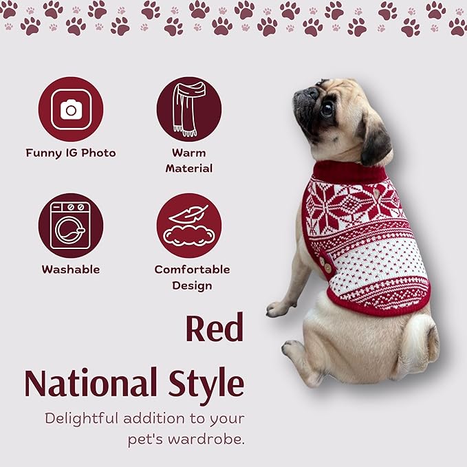 Cute Sweater for Dogs and Cats Soft Flannel Pet Outfit Warm and Cozy Animal Hoodie Small to Large Pet Clothes for Halloween Parties and Everyday Wear (Medium, Red National Totem)