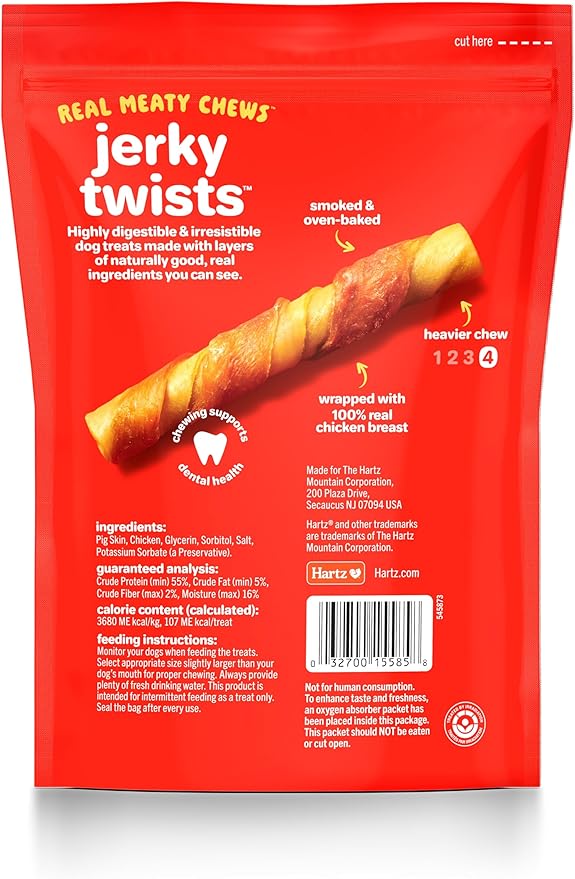Hartz Oinkies Jerky Twists with Naturally Smoked Pork & Real Chicken Breast Dog Treats, Highly Digestible Long Lasting Dog Chews, 8 Count