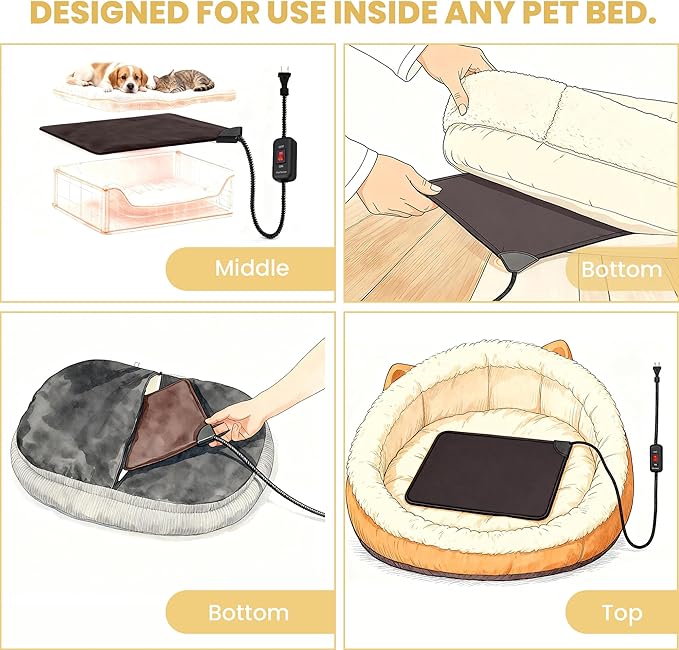 PetTemp Cat Bed Warmer 15.5 x 12.5 in, Indoor Heated Pad Insert for Cats, Kittens & Small Dogs, Turns Any Pet Bed Into a Cozy Waterproof Heating Mat, Safe Thermostat & Chew-Resistant Cord