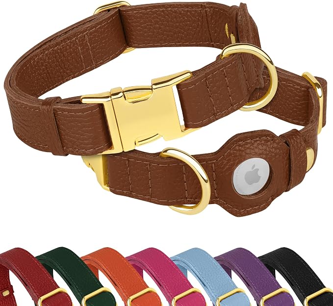 Leather Airtag Dog Collar - Soft Tracking Dog Collar with Apple AirTag Holder and Metal Buckle - Safety GPS Pet Collars for Small Medium Large Dogs Puppy Pink Red (Brown, S, 12"-15" Neck Fit)