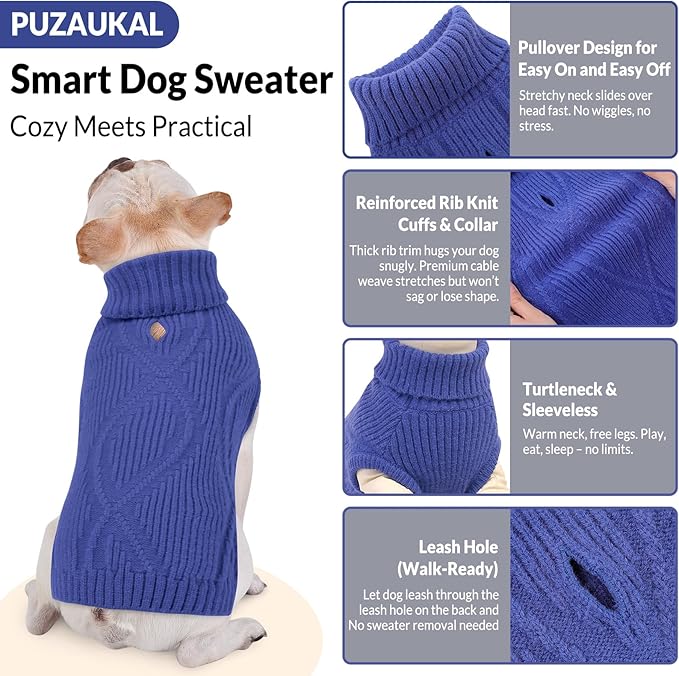 Dog Sweater Pullover, Cable Knit Dog Christmas Sweater, Dogs Sweaters for Small Medium Large Dogs with Harness Hole,Puppy Sweaters Boy Or Girl(Blue,L)