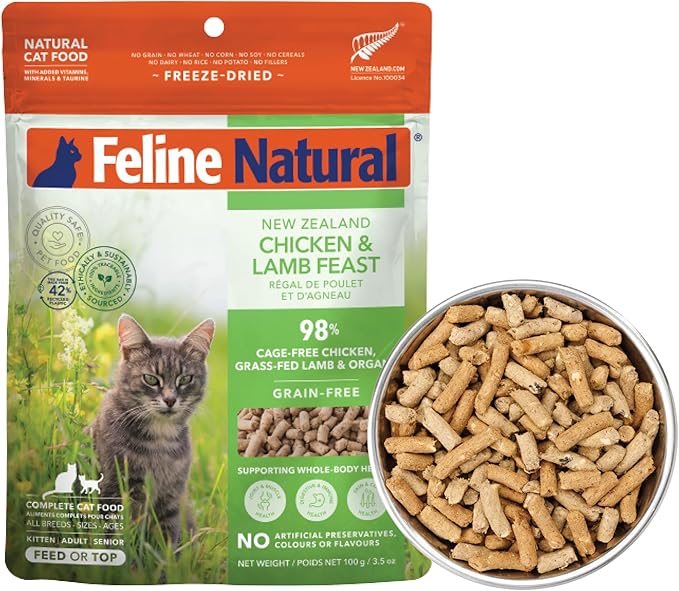 Feline Natural High Protein Dry Cat Food, Freeze-Dried Diet with 98% Meat, Organs & Seafood, No Peas, Grains, or Artificial Additives, Made in New Zealand, Chicken & Lamb, 3.5oz