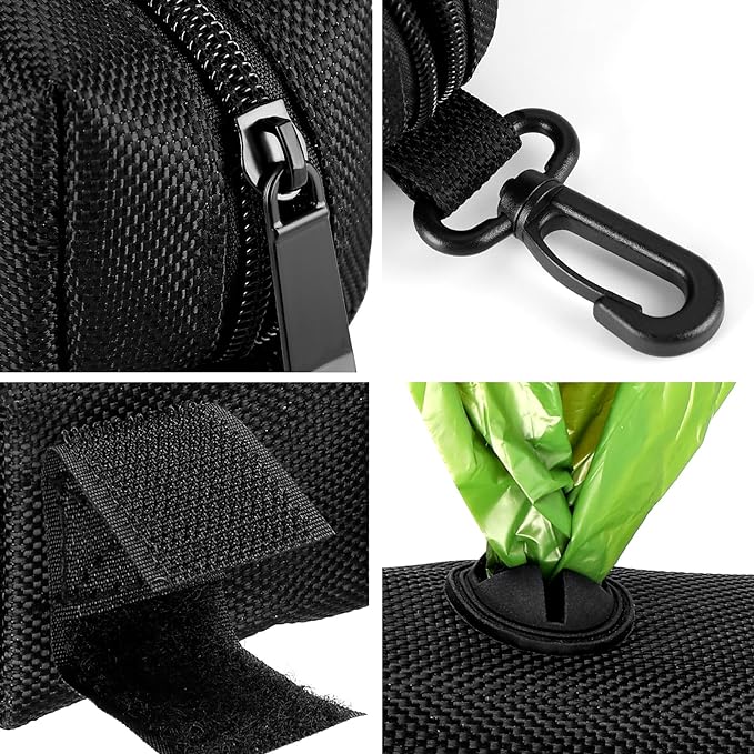 Dog Waste Bag Dispenser Pet Poop Bags Holder for Doggie Waste Bags Dispensers Soft Fabric Zipper Small Doggy Puppy Pouch for Leash Accessory Attachment with Carrier,Black