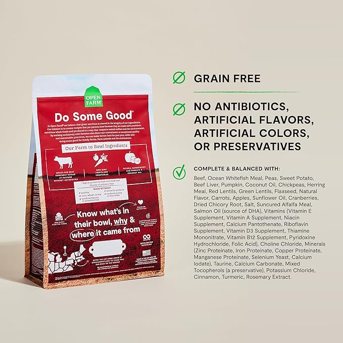 Open Farm, Grain-Free Dry Dog Food, Complete & Balanced Kibble, Sustainably & Ethically Sourced Ingredients, Non-GMO Veggies & Superfoods to Support Overall Health, Grass-Fed Beef Recipe, 22lb Bag