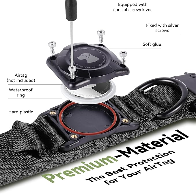 2026 Upgrade Waterproof Tactical AirTag Dog Collar, Built in AirTag Holder | Comfortable Control Handle, Quick Release Metal Buckle, Durable 1000D Nylon, For Medium to Large Dogs, Black, M
