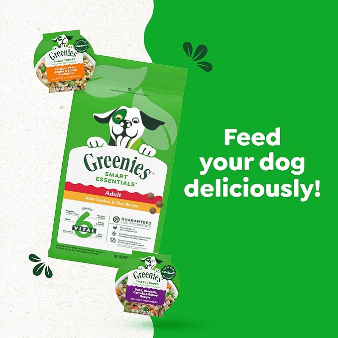 Greenies Smart Topper High Protein Wet Mix-in for Dogs, Chicken, Peas, Apples, and Brown Rice Recipe & Duck, Broccoli, Carrots and Barley Recipe Variety Pack with Whole Grains, 8 Trays of 2oz.