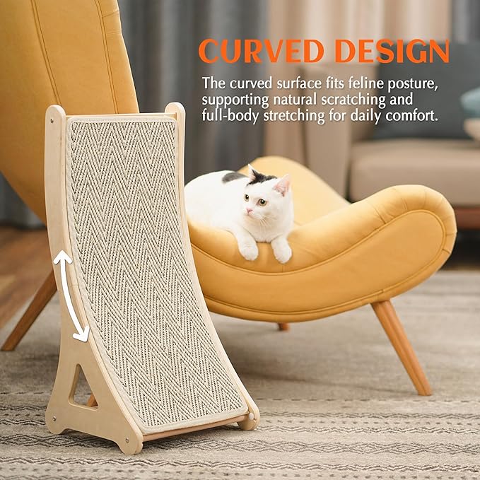 PETKARAY Curved Cat Scratcher, Sisal Kitty Scratching Ramp, L Shape Scratch Pad for Indoor Cats, 25.6" Furniture Protector with Mouse Toy, Chevron Style