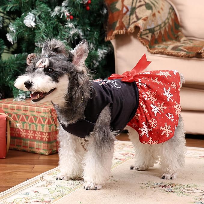 CuteBone Christmas Dog Dresses Velvet Holiday Small Dogs Clothes Onesie Pet Apparel Girl Puppy Skirt with Bow Hair Rope CVA54XS-D