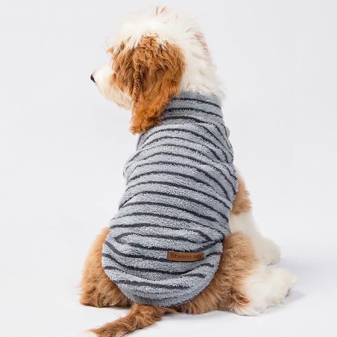 Fitwarm 2 Pack Striped Fleece Dog Sweater, Warm Winter Dog Clothes for Small Dogs Boy Girl, Fuzzy Pet Outfit, Doggy Pullover Jumper, Grey, Navy, Medium